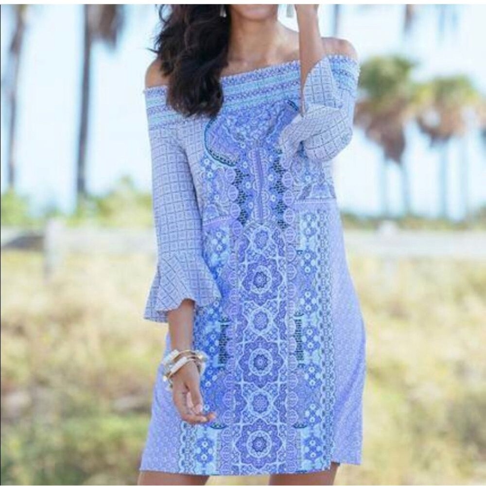 Cabana Life, Off The Shoulder, Blue White Black, Long Poet Sleeves, Small